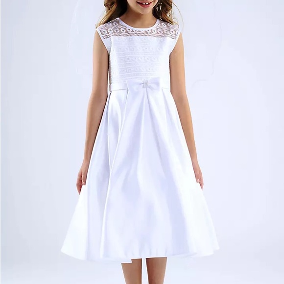 Us Angels Other - Girl’s Sleeveless Embroidered Illusion Dress with Pearled Bow
